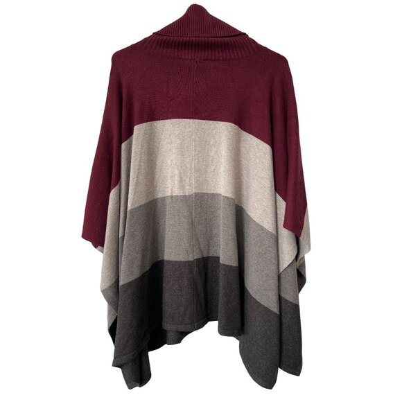ii Sisters Poncho One Size Striped Ribbed Cowl Neck Burgundy Neutral Cozy Knit - Picture 2 of 6